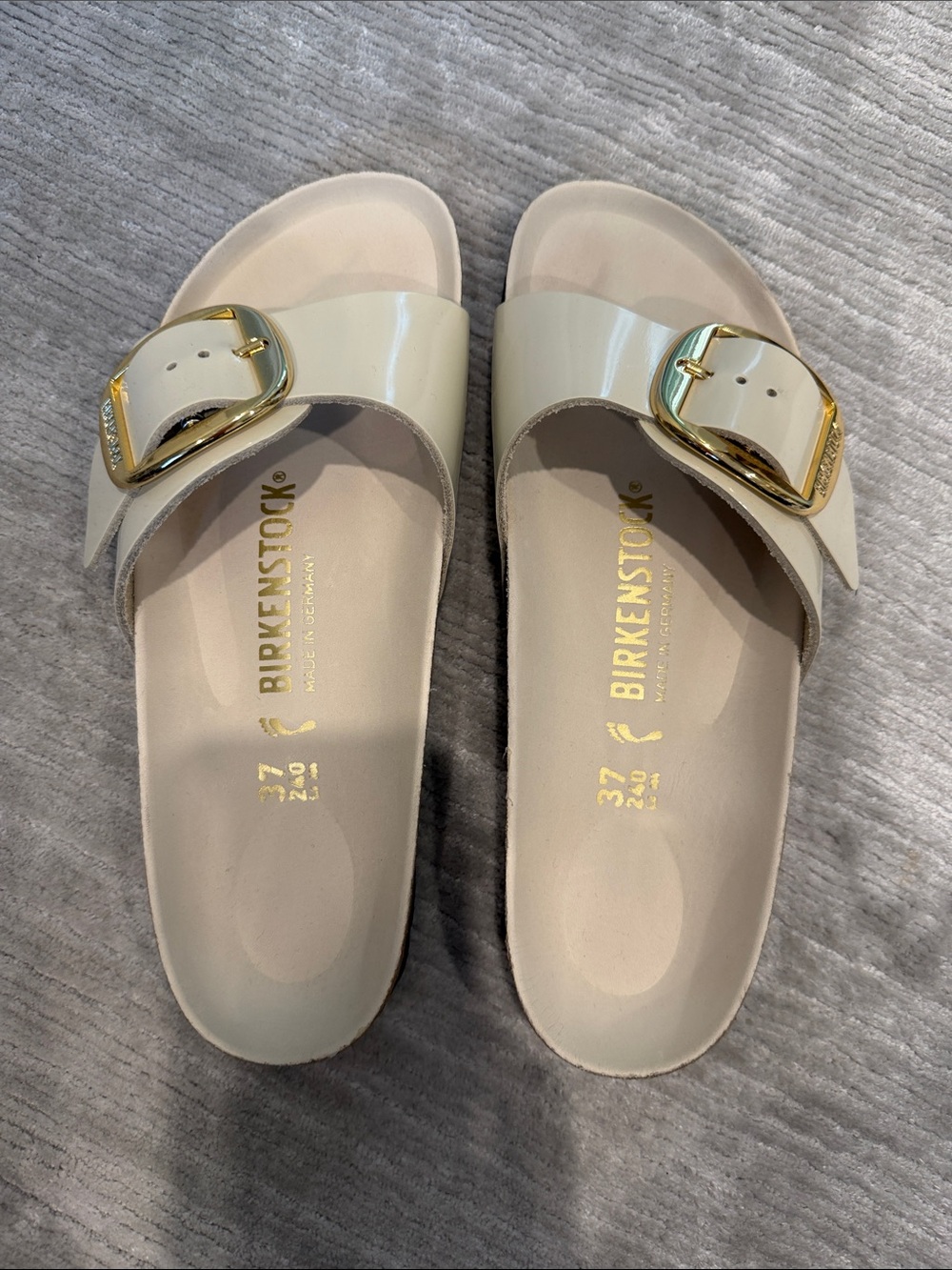 Birkenstock Cream Patent EVA Slide Sandals with Gold Buckle